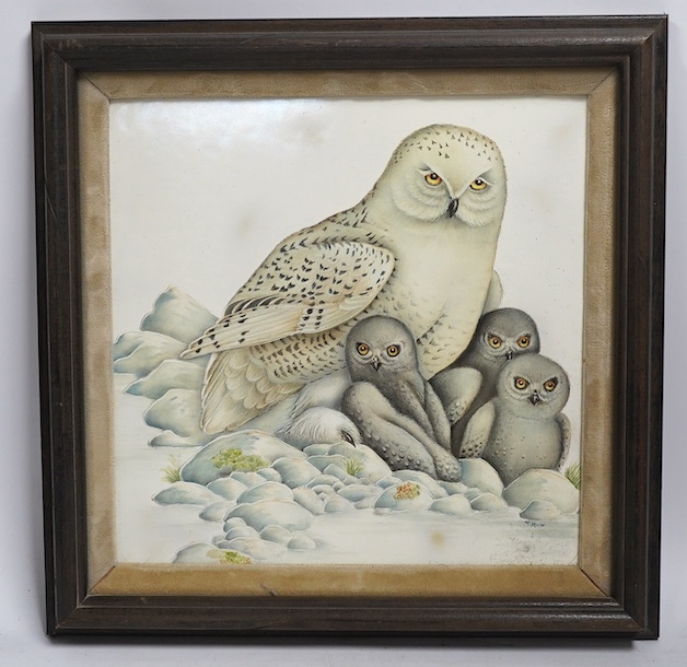 F. Minter, a painted and framed ‘owl’ porcelain plaque, 32cm sq. including frame. Condition -good, some scuffs to frame